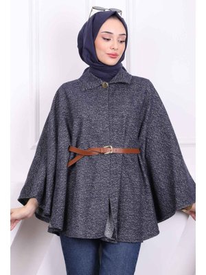 Lacivert Tek Düğmeli Kemerli Panço Lacivert Tek Düğmeli Kemerli Panço