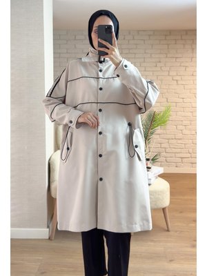 Bej Beli Lastik Büzgülü Trençkot
