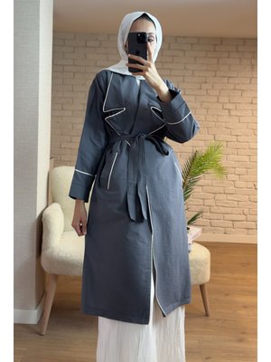 Antrasit Biye Detaylı Kuşaklı Trençkot