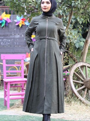 Haki Fermuarlı Kaşe Kaban