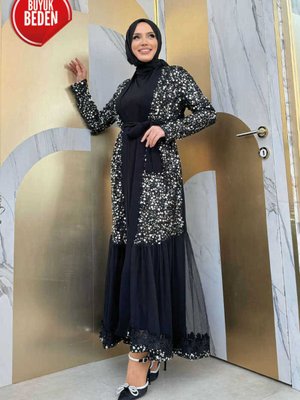 Büyük Beden Tül İşleme Detay Pul Payetli Abaya Gümüş Büyük Beden Tül İşleme Detay Pul Payetli Abaya Gümüş