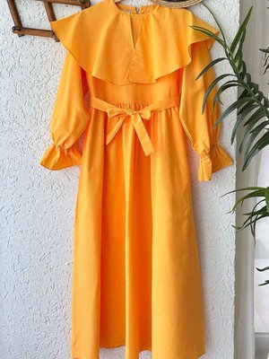 Koyu Sarı Geniş Yakalı Marul Kol Elbise Koyu Sarı Geniş Yakalı Marul Kol Elbise