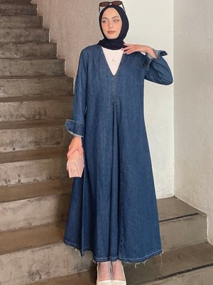 Açık Yaka Detaylı Kot Elbise Mavi Açık Yaka Detaylı Kot Elbise Mavi