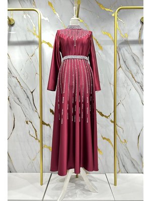 Bordo Nevra Saten Abiye Elbise Bordo Nevra Saten Abiye Elbise