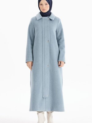 Deri Garnili Kaşe Manto Mavi Deri Garnili Kaşe Manto Mavi