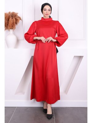 Kırmızı Hakim Yaka Balon Kol Saten Abiye Elbise