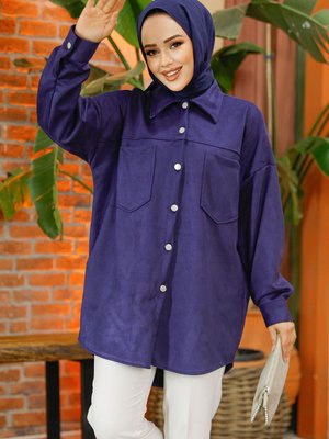 Düğmeli Lacivert Süet Gömlek