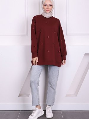 Bordo Fiyonk Detaylı Modal Sweatshirt Bordo Fiyonk Detaylı Modal Sweatshirt