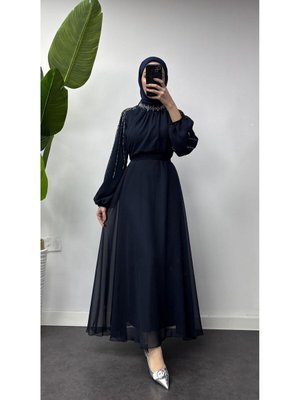 Yakası Ve Kolları Taş İşlemeli Şifon Detaylı Yenı Sezon Abiye Elbise