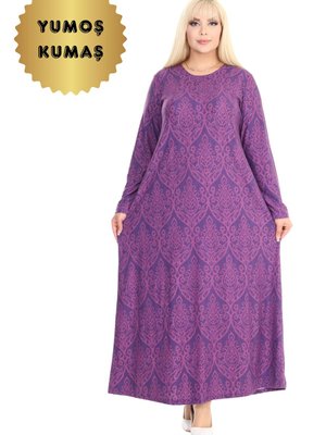 Kışlık Yumoş Kumaş Mor Dantel Desenli Büyük Beden Elbise Kışlık Yumoş Kumaş Mor Dantel Desenli Büyük Beden Elbise