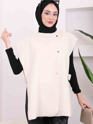 Krem Çıtçıt Detaylı Yanları Açık Kaşe Yelek Krem Çıtçıt Detaylı Yanları Açık Kaşe Yelek