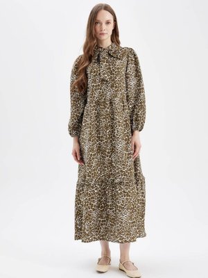 Fiyonk Yaka Leopar Desenli Düğmeli Uzun Kollu Maxi Elbise D4094ax24au