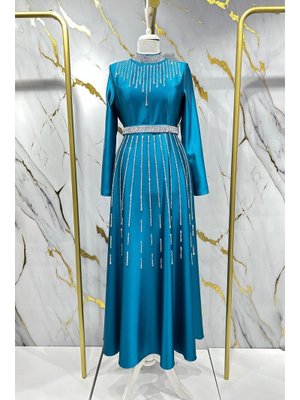 Petrol Nevra Saten Abiye Elbise