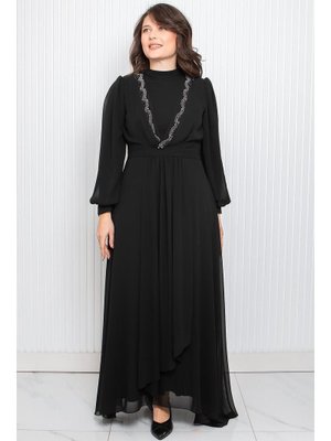 Siyah Taş Baskı Detaylı Şifon Abiye