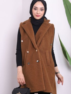 Kahverengi Kruvaze Yaka Düğmeli Angora Yelek Kahverengi Kruvaze Yaka Düğmeli Angora Yelek