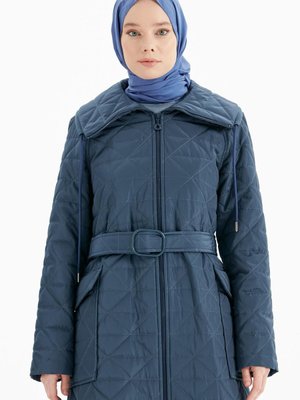 Devrik Yaka Kapitone Manto İndigo Devrik Yaka Kapitone Manto İndigo