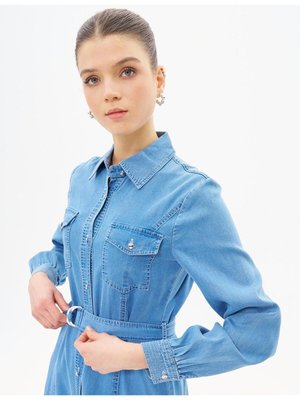 Boydan Düğme Kapamalı Lyocell Kap Mavi