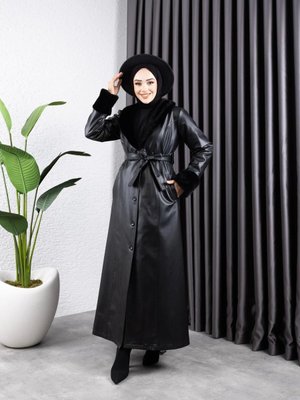 Kadın Yakası Görünümlü Astarlı Deri Uzun Trençkot Kadın Yakası Görünümlü Astarlı Deri Uzun Trençkot