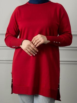 Kırmızı Düğme Detaylı Tunik