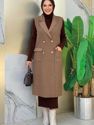 Kadın Kahve Kruvaze Yaka Uzun Yelek T