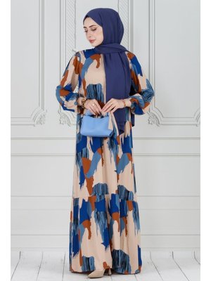 Mavi Fırça Darbeli Kuşaklı Viskon Elbise