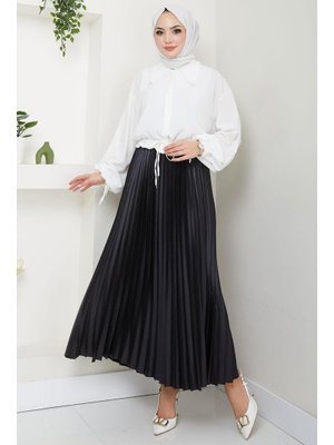 Siyah Beli Lastikli Deri Görünümlü Sık Piliseli Etek Siyah Beli Lastikli Deri Görünümlü Sık Piliseli Etek