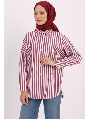 Oversize Basic Gömlek Bordo Beyaz Oversize Basic Gömlek Bordo Beyaz