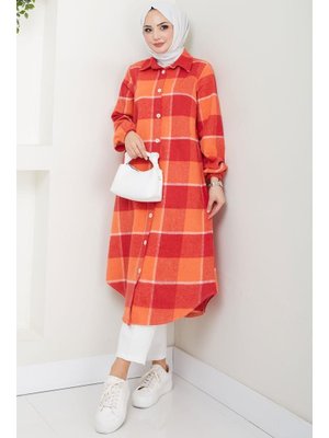 Turuncu Uzun Ekose Oduncu Gömlek Tunik Turuncu Uzun Ekose Oduncu Gömlek Tunik