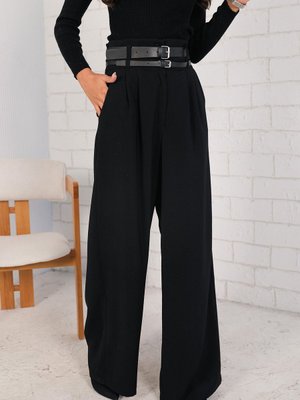 Siyah Çift Kemerli Palazzo Pantolon