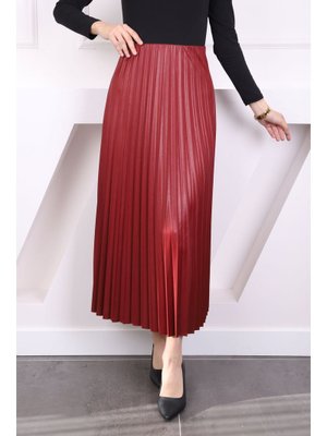 Bordo Deri Görünümlü Piliseli Etek