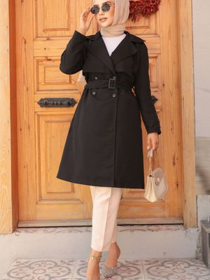 Kemerli Siyah Trençkot