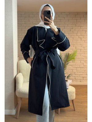 Siyah Biye Detaylı Kuşaklı Trençkot