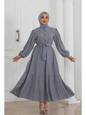 Gri Düğme Detaylı Elbise