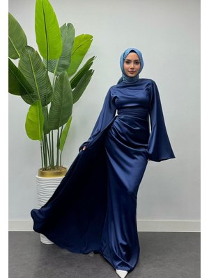 İspanyol Kol Kuyruklu Saten Abiye Elbise