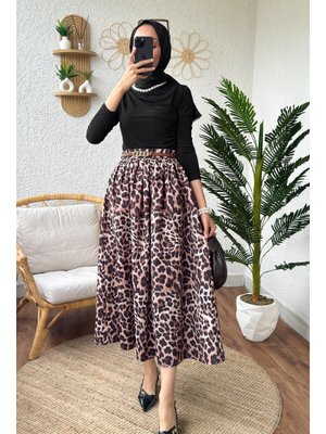 Siyah Kloş Leopar Desenli Etek
