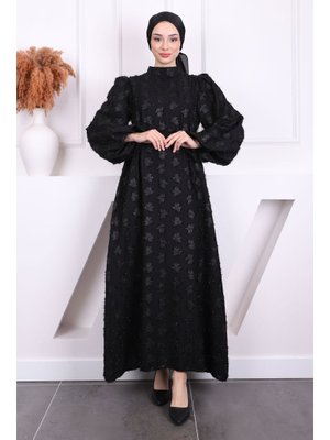 Siyah Balon Kol Kuşaklı Elbise Siyah Balon Kol Kuşaklı Elbise