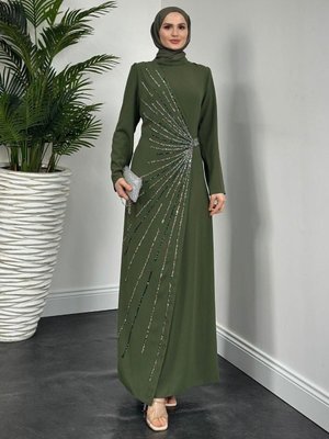 Waylon Önü Taşlı Abiye Elbise Haki Waylon Önü Taşlı Abiye Elbise Haki