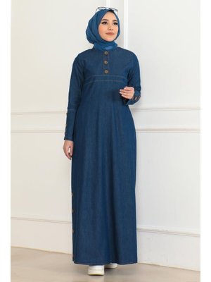 Koyu Mavi Düğme Detaylı Cepli Kot Elbise