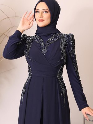 Boncuk İşlemeli Önü Piliseli Abiye Elbise Uzun Şifon Tulum Lacivert