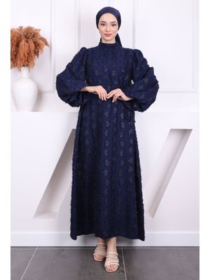 Lacivert Balon Kol Kuşaklı Elbise Lacivert Balon Kol Kuşaklı Elbise