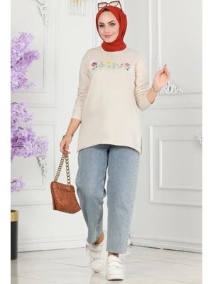 Çiçek Baskılı Bej Tunik