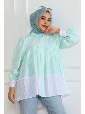 Su Yeşili Pileli Gömlek