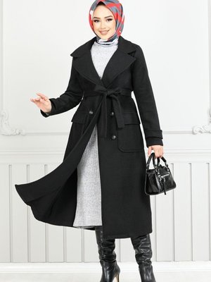 Manşeti Düğmeli Kaşe Kaban M Siyah