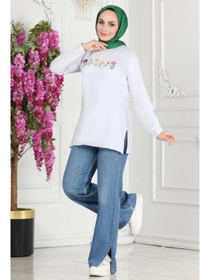 Çiçek Baskılı Beyaz Tunik