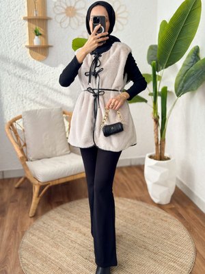 Deri Biyeli Toscana Yelek Taş Rengi