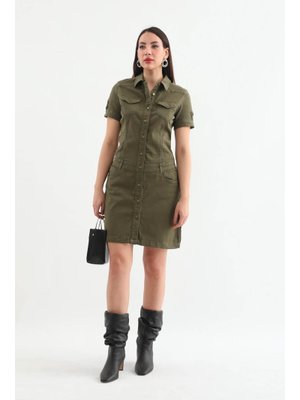 Haki Düğmeli Jean Elbise