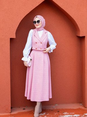 Kruvaze Yelekli Tüvit Etekli Takım Pembe