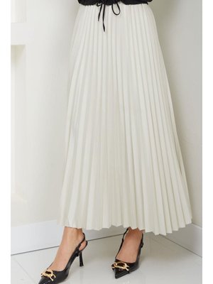 Krem Beli Lastikli Deri Görünümlü Sık Piliseli Etek