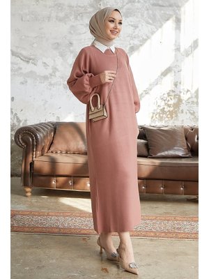 Gül Kurusu Mina Balon Kol Triko Elbise