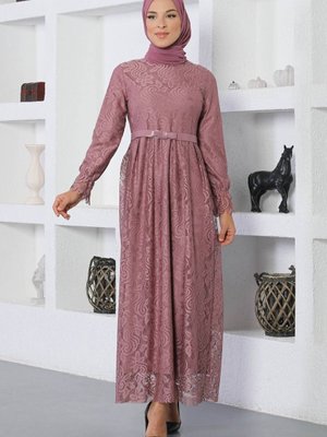 Gül Kurusu Dantelli Kemerli Elbise